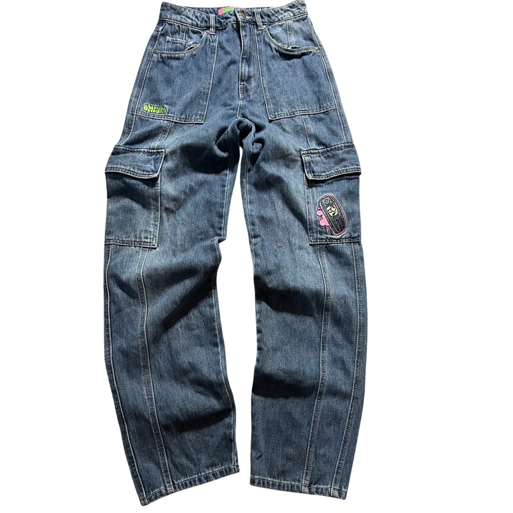 Empyre Cargo Jeans Womens 0 Blue Medium Wash High Rise Carpenter Straight Leg
